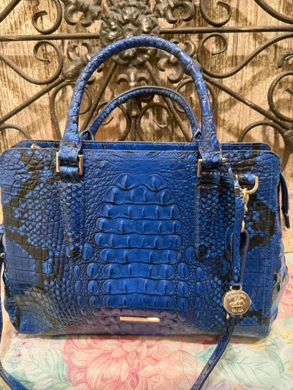 Brahmin Croc-Embossed Satchel Finley Blue Viper Ombre Melbourne leather purse
